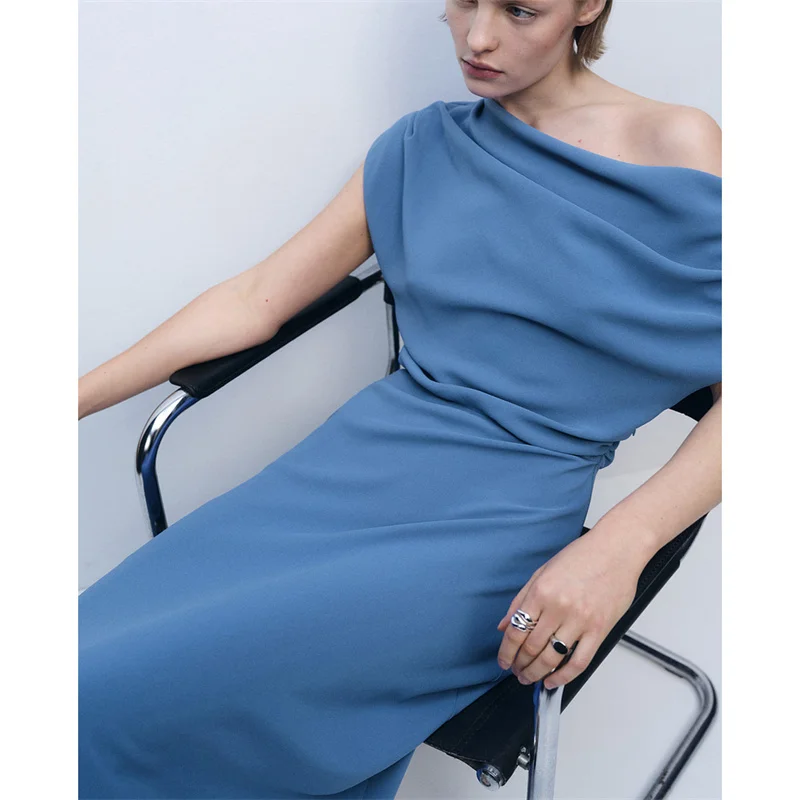 우아한 블루 비대칭 숄더 바나 여성 드레스 반팔 미디 길이 여름 하이웨이스트 OL 스타일 기타 소재