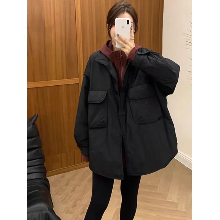 

Autumn Winter New Style Shirt Casual Lightweight down Cotton Jacket Women Loose Slimming Thickened Long Sleeve Coat Women