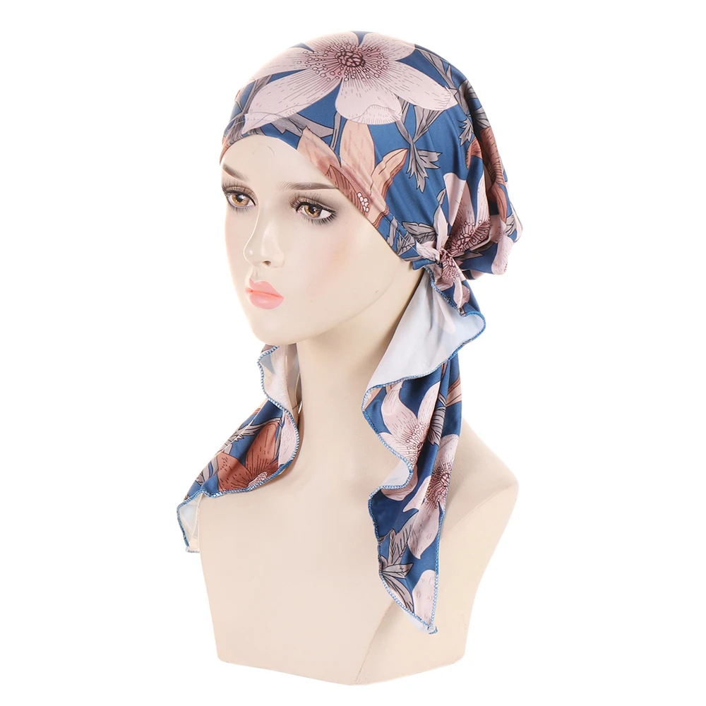 Foulard de sauna pré-noué imprimé pour femmes musulmanes, turban féminin élastique, chapeau de chimio contre le cancer, couvre-perte de cheveux, vêtements de tête ronds, bandan commandé