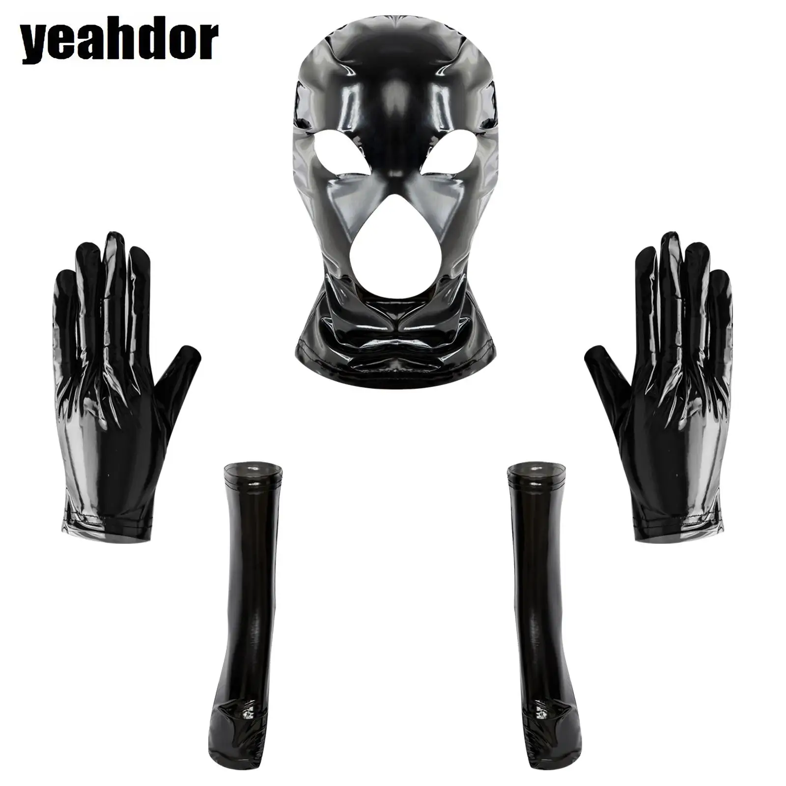 

Latex Hood Gloves And Socks 3-piece Set Cutout Holes Stretchy Wet Look Catsuit Accessories for Nightclub Cosplay