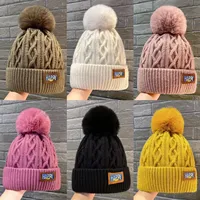 Autumn and Winter Women's Pompom Knitted Hat Women Solid Color Thicken Plush Beanie Cap Female Autumn Warm Crochet Hats