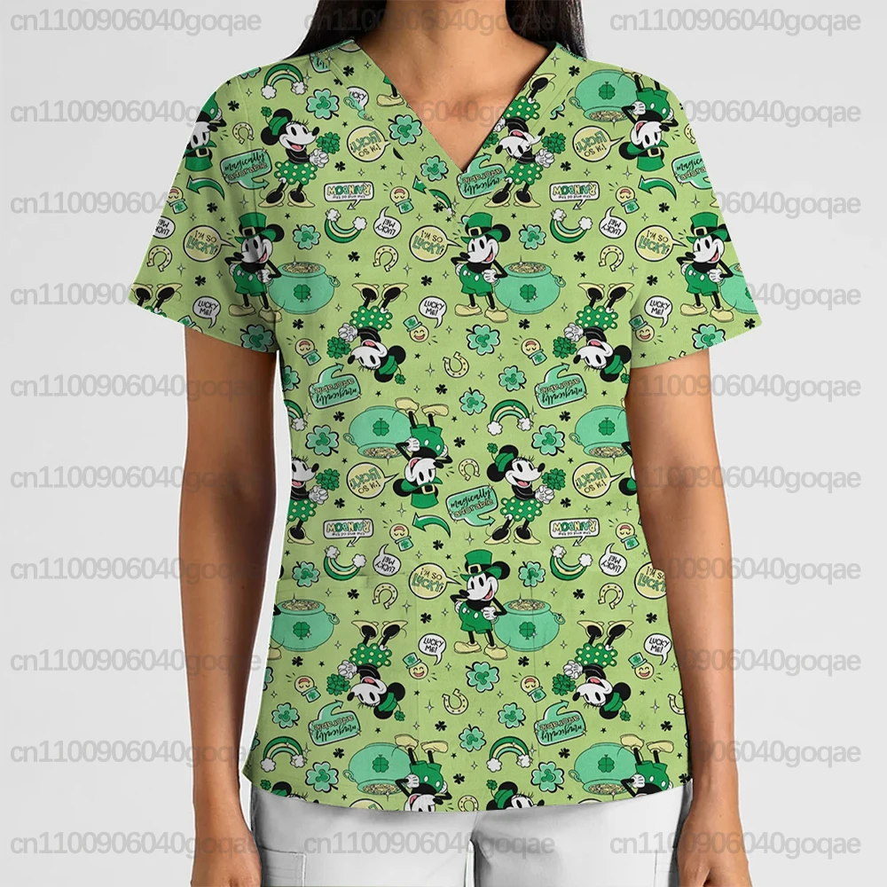 

Новый летний женский топ с принтом Микки Мауса Диснея на Хэллоуин, карманный скраб с v-образным вырезом, салон красоты, зоомагазин, женский топ для спа