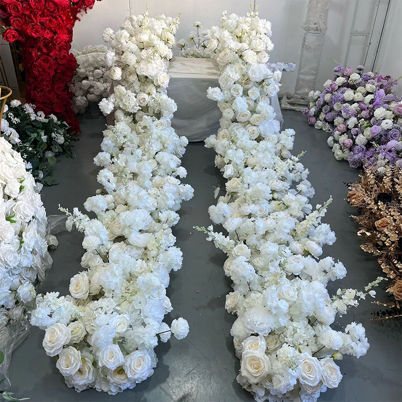 Luxury Artificial White Rose Hydrangea Leaf Wedding Arch Floral Row Arrangement Table Centerpiece Flower Ball Long Flower Runner