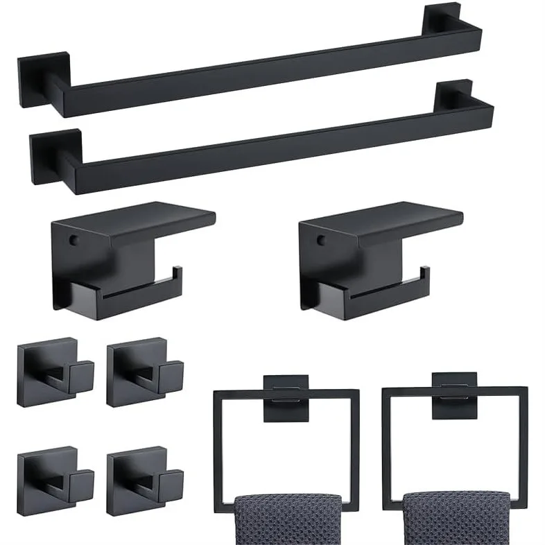 

SUS304 Stainless Steel Bathroom Hardware Set with Brushed Finish, 10-Piece Includes 2 Towel Bars, 2 Rings, 2 TP Holders & 4