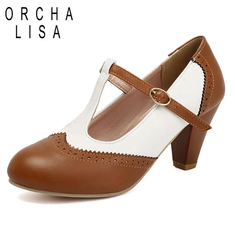 

ORCHA LISA Women's Hot Pumps Round Toe 6.5cm Thick Heel Buckle Strap Mixed Color Large Size 43 46 Office Lady Sweet Winter Style