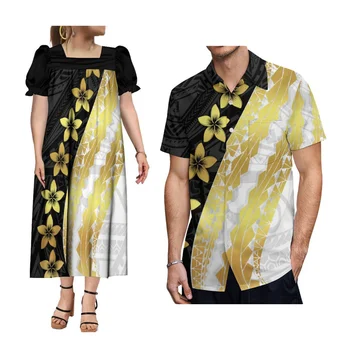 세련된 에스닉 뉴 스타일 무무 여성 패션 스퀘어 넥 원피스 파티 원피스 매칭 남성 셔츠, 커플 세트 포함 폴리네시안 셔츠 