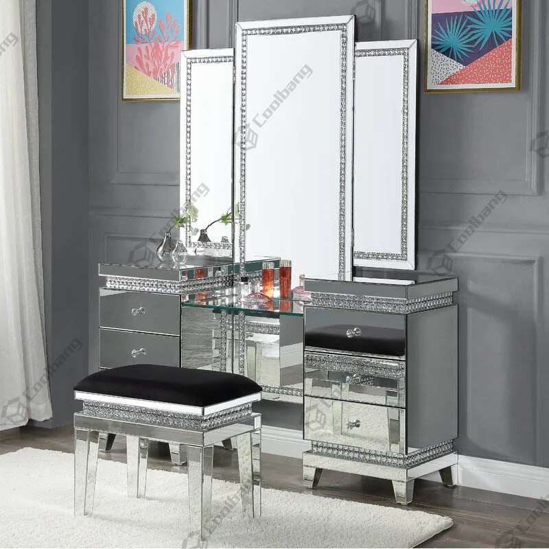 Wholesale Hot Selling Full Mirror Large Size Luxury Diamond Crushed Makeup Table