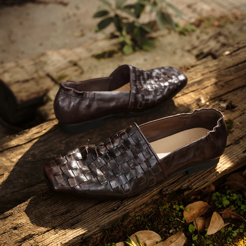 

Soft Cow Leather Woven Penny Loafers Slip On Vintage Casual Flats for Women