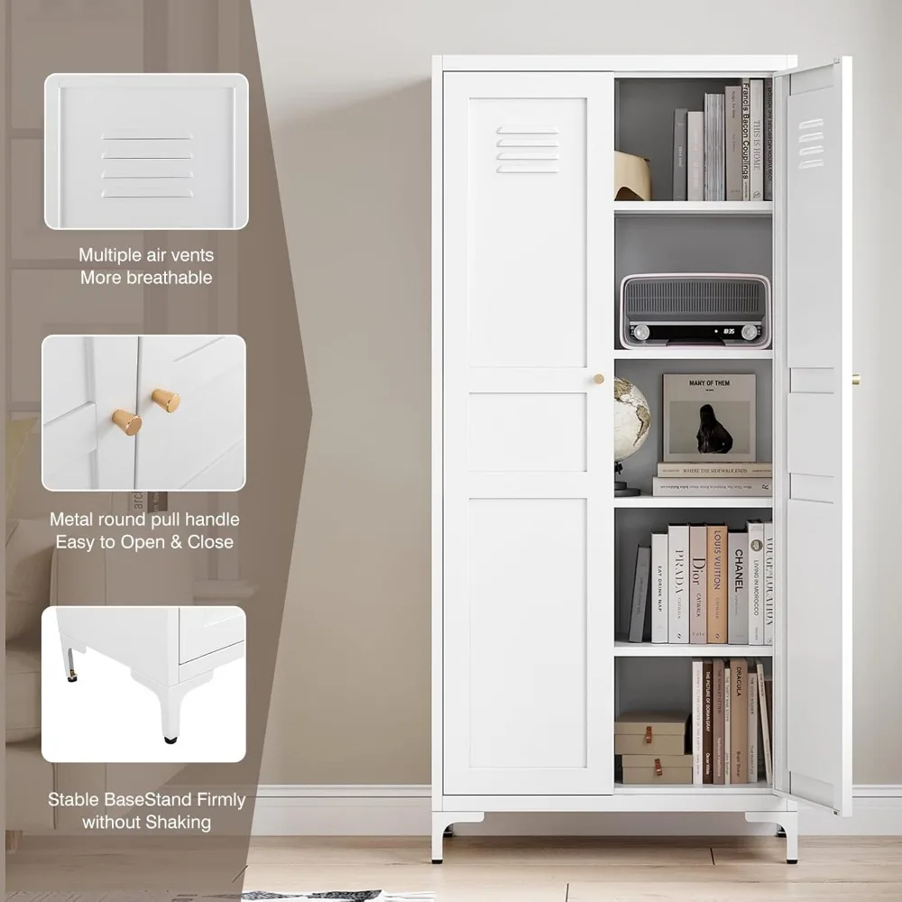 خزانة تخزين معدنية مع بابين و4 أرفف قابلة للتعديل - 61 خزانة تخزين مخزن المطبخ الأبيض 5 طبقات من الفولاذ الطويل