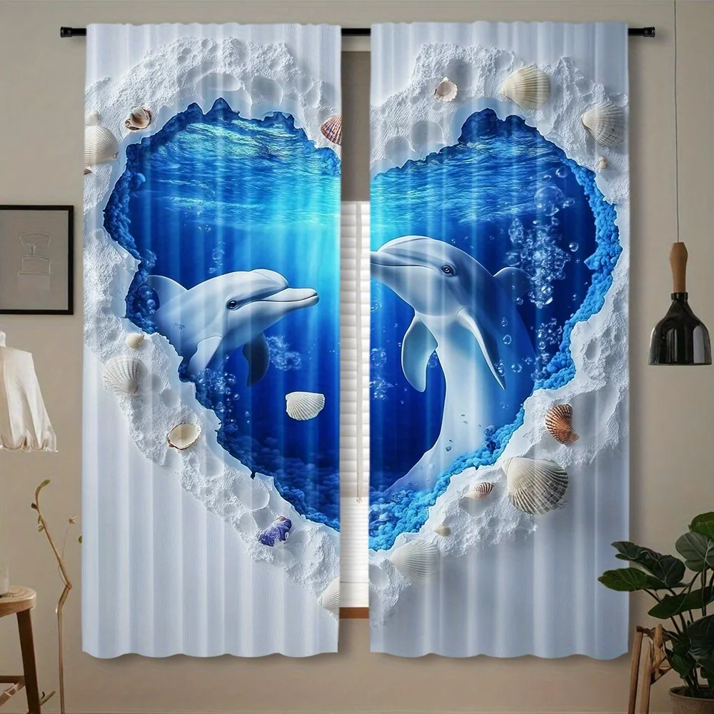 3D Dolphin Blackout Rod Pocket Curtain White Dolphin Shell Crack Rock Blue Ocean Print Decor Living Bedroom Family Window