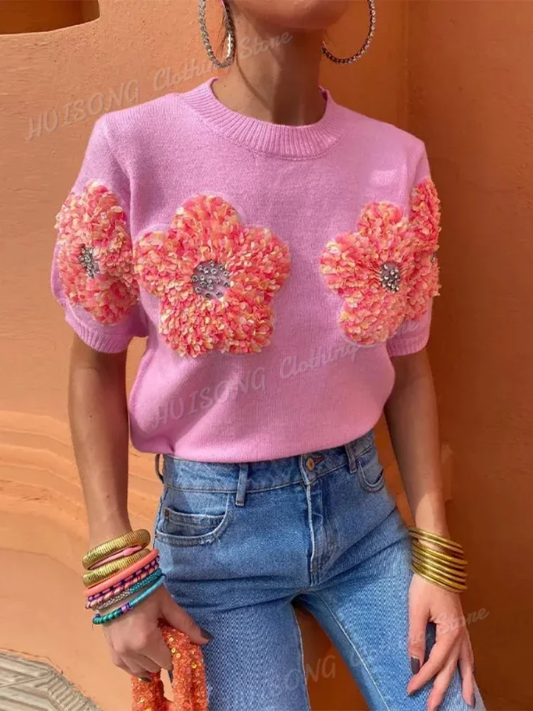 2024 Fashion Women 3D Flower Knitted Sweater Elegant Lady O Neck Short Sleeved Pullover Tops Chic Female Commute Street Outfits