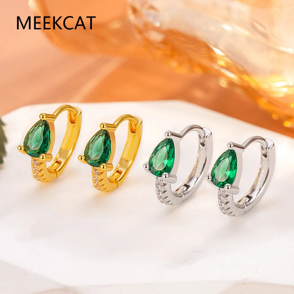 Pear 1.1ct Green Simulated Nano Emerald 925 Sterling Silver Hoop Earrings for Women Statement Gemstone Wedding Jewelry Huggies
