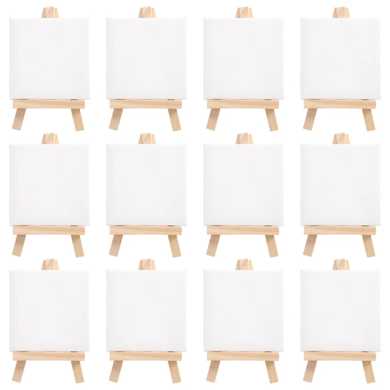 Artists 3 Inch X3 Inch Mini Canvas & 5 Inch Mini Easel Set Painting Craft Drawing - Set Contains: 12 Mini Canvases & 12 Mini Eas