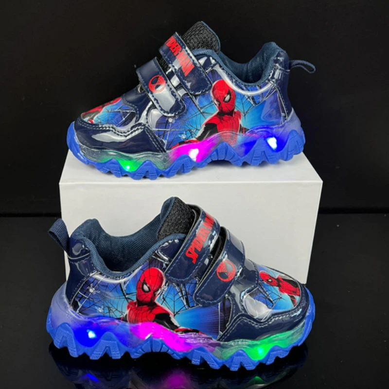 Disney Autumn Children's Sports Shoes Leather LED Luminous Children's Shoe 1-6 Year Old Boys' Running Casual Shoes Size 27-32