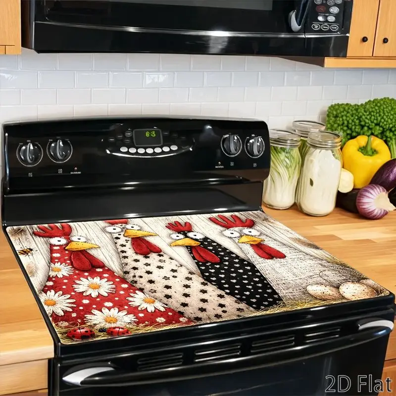 VIKAMA Rooster Kitchen Stove Mat Farmhouse Cooktop Cover Mat Colorful Chicken Counter Protector Mat Home Kitchen Decor