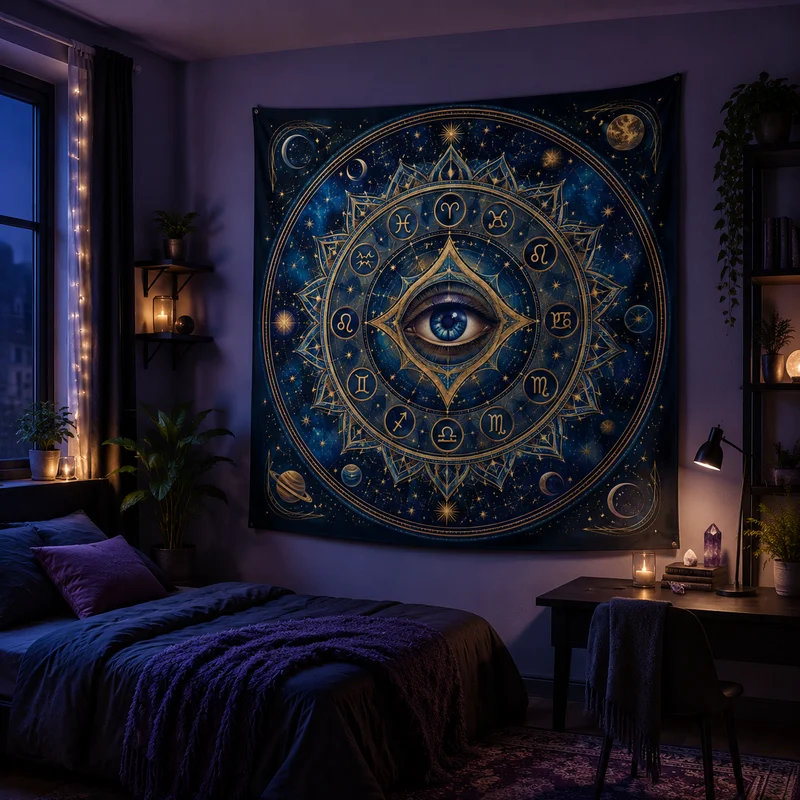VIKAMA Boho Zodiac Star Tapestry Dark Blue Galaxy Moon Planet Astrology Chart Wall Hanging Spiritual Meditation Bedroom Decor