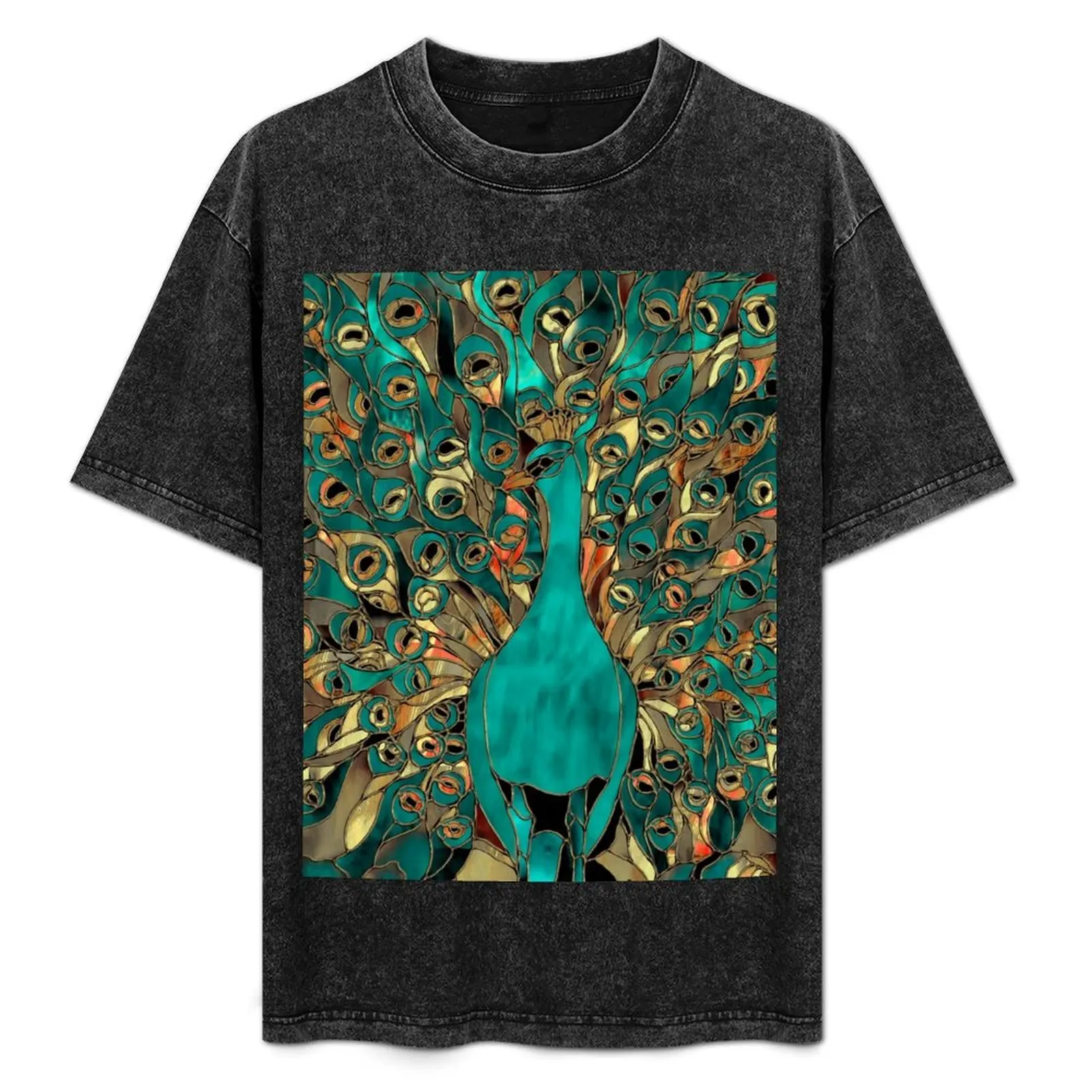 

Aqua and Gold Peacock Stained Glass T-Shirt Basic Lightweight Short Sleeve Tee