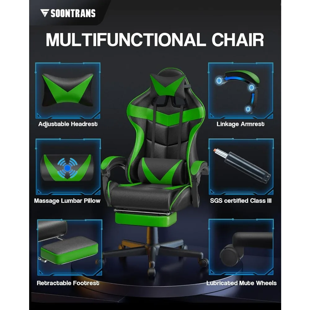 Green Gaming Chair with Footrest,Racing Gaming Chair,Computer Gamer Chair,Ergonomic Game Chair with Adjustable Headrest