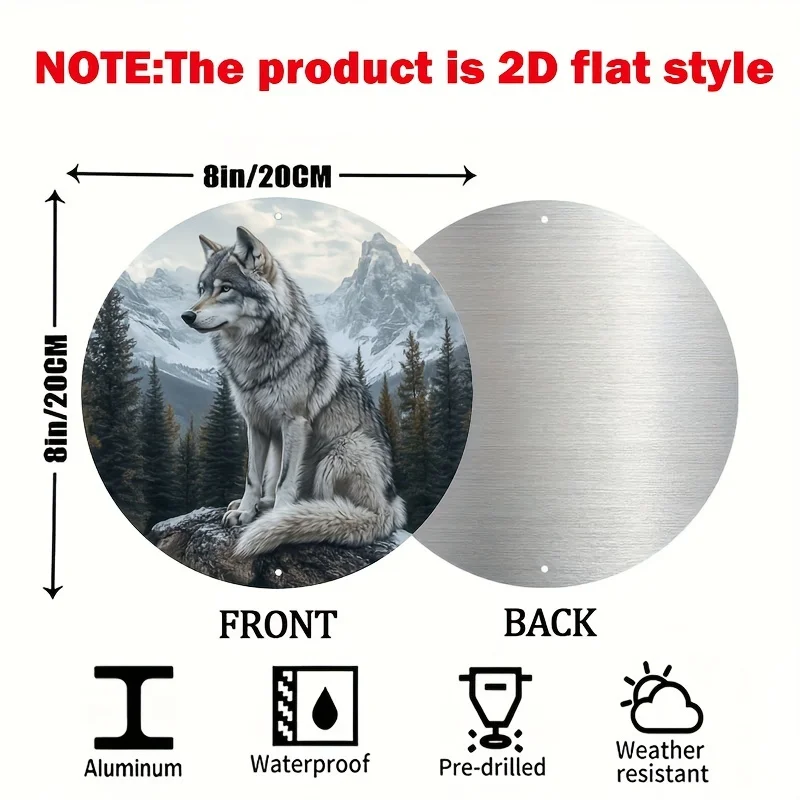 2D 1pc,Tin Sign North American Gray Wolf Themed Retro Aluminum Circular Metal Sign Round Wall Art Plaque Decor, Retro Home & Bar