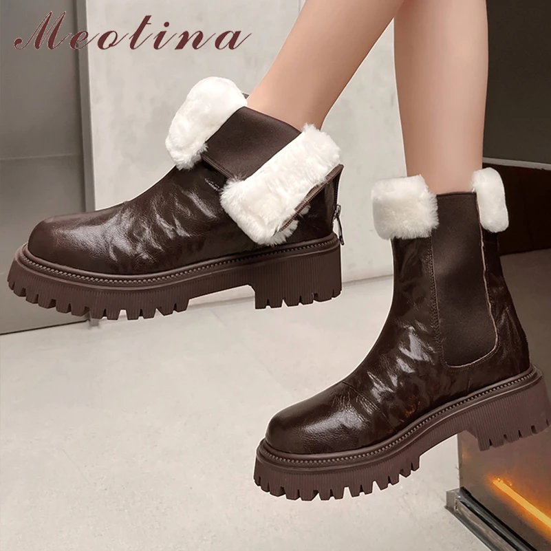 

Meotina Women Genuine Leather Ankle Boots Round Toe Thick Mid Heels Wool Zipper Chelsea Short Boots Lady Fashion Shoes Winter 40