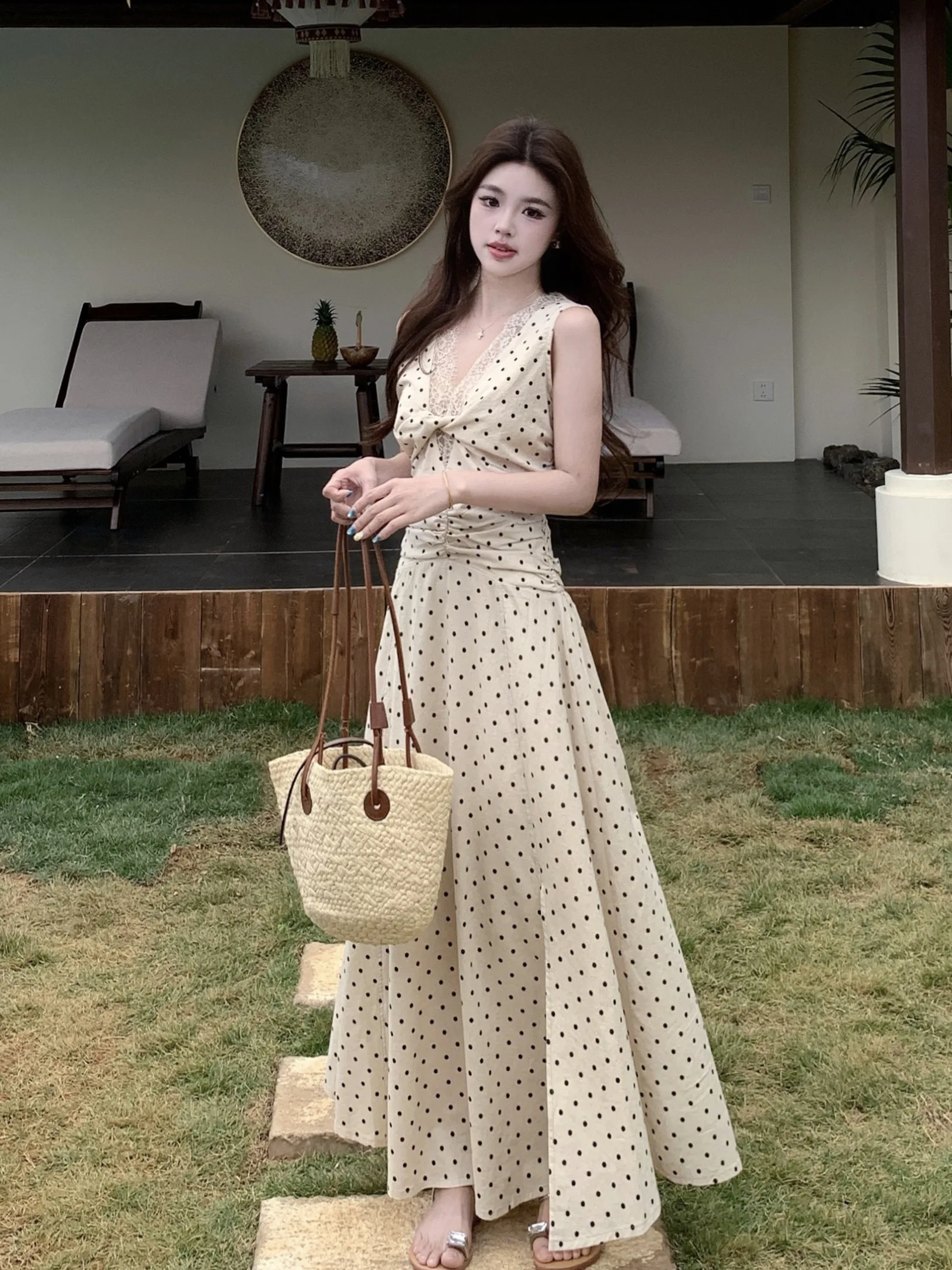 plus Size Lace Sleeveless Polka Dot Dress Summer New Waist Slimming Design Sensation Strap Long Dress Korean Style Commute - Detail 1