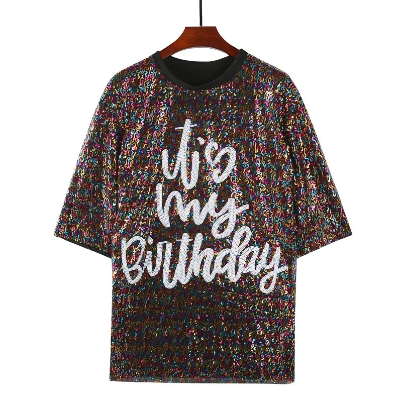 

Summer New Round Neck Rainbow Sequins Patchwork Women's Tops Streetwear Hip Hop Straight Night Club Contrasting Color T-Shirt