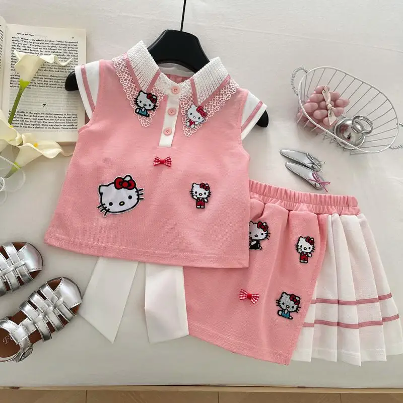 

Костюм для девочек в стиле аниме «Hello Kitty», рубашка поло без рукавов, плиссированная юбка, комплект из двух предметов, Jk, студенческий стиль, мультяшный комплект из двух предметов, подарок