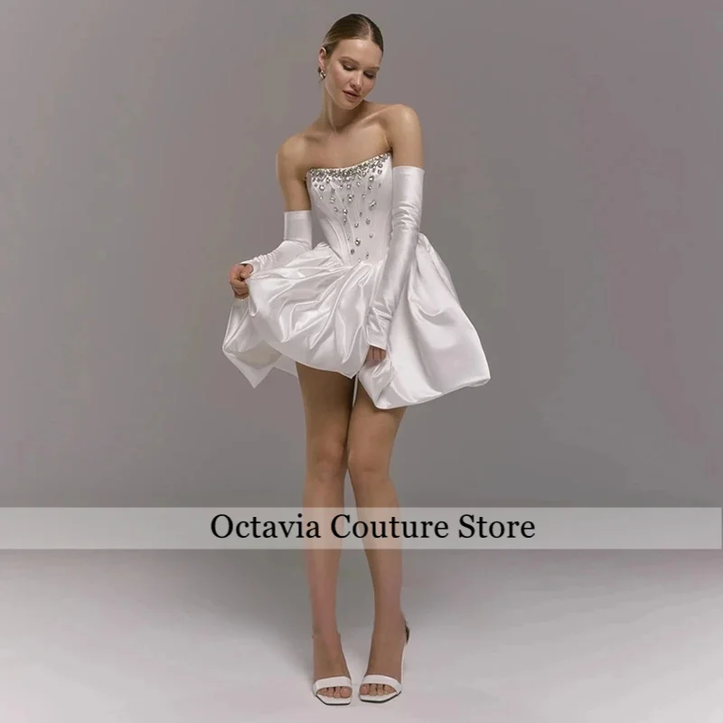 Customized Satin Short Wedding Dress Fashion Strapless Detachable Long Sleeves Crystal Stone Mini Bridal Gown for Bride