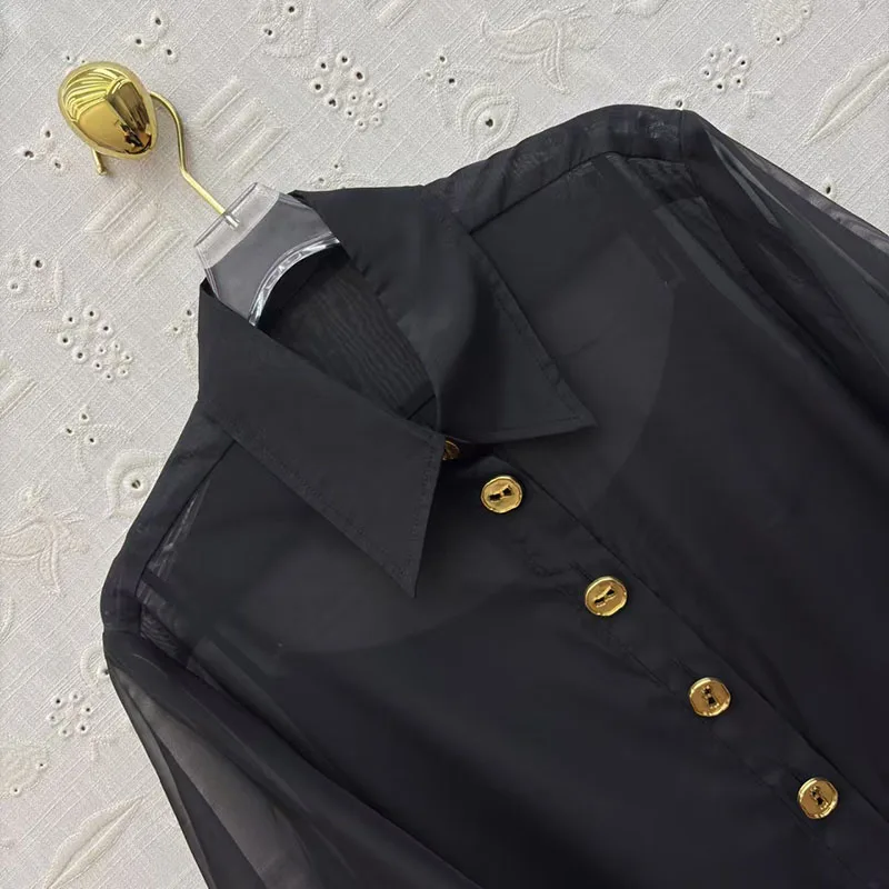 Robe chemise en dentelle noire à col simple boutonnage pour femmes, robe de soirée de haute qualité, nouvelle collection 2026, robe semi-transparente deux pièces