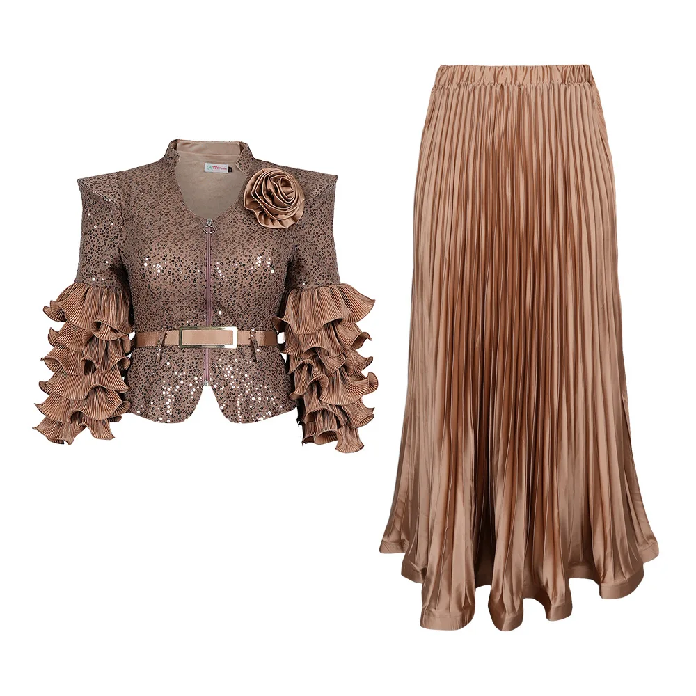 

2 шт. африканской одежды для женщин: топы с пайетками и цветочным узором и плиссированная юбка, комплект для вечеринок, платье в африканском стиле, костюм Анкара Дашики