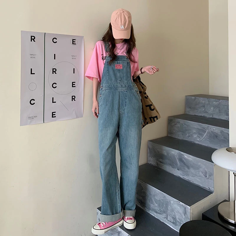 Vintage Denim Jumpsuit Voor Vrouwen 2023 Lente Blauwe Wijde Pijpen Straight Overalls Meisjes Casual Losse Romper Broek Streetwear