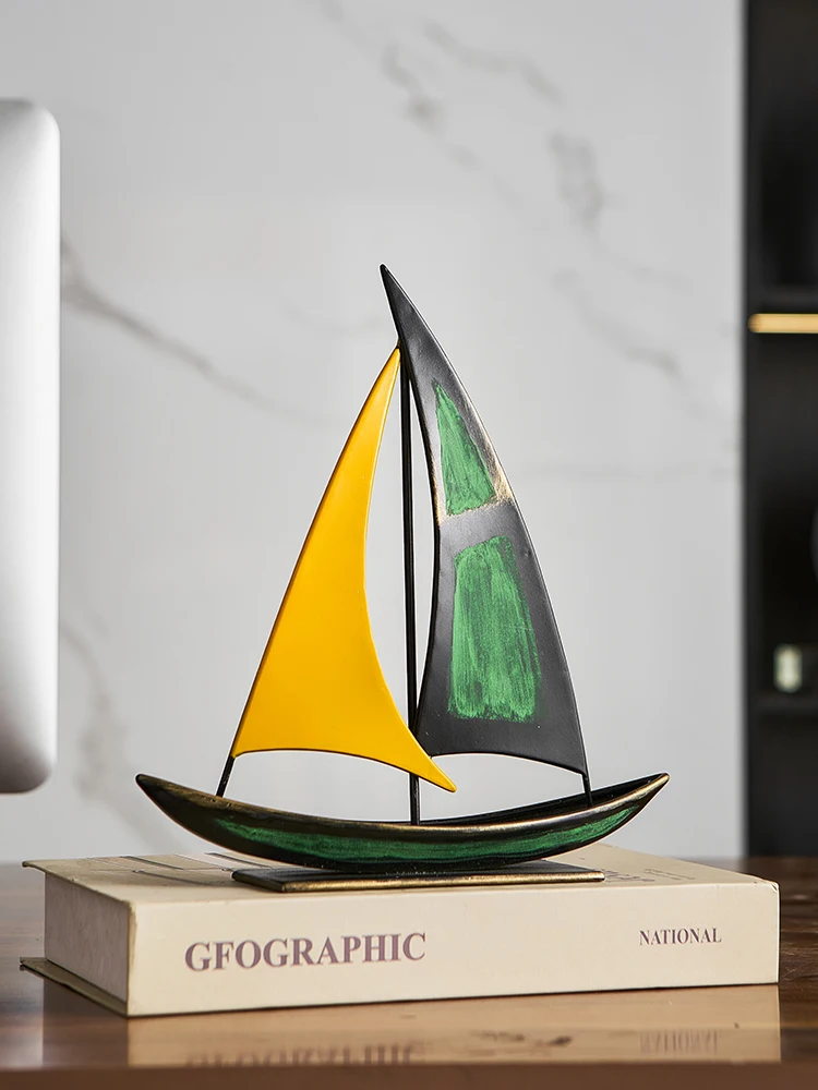 #￥Sailing Ship Model Ironwork Figurines&Miniatures Decoration Living Room Office Table WineRack Ornaments Voyage MetalHome Decor