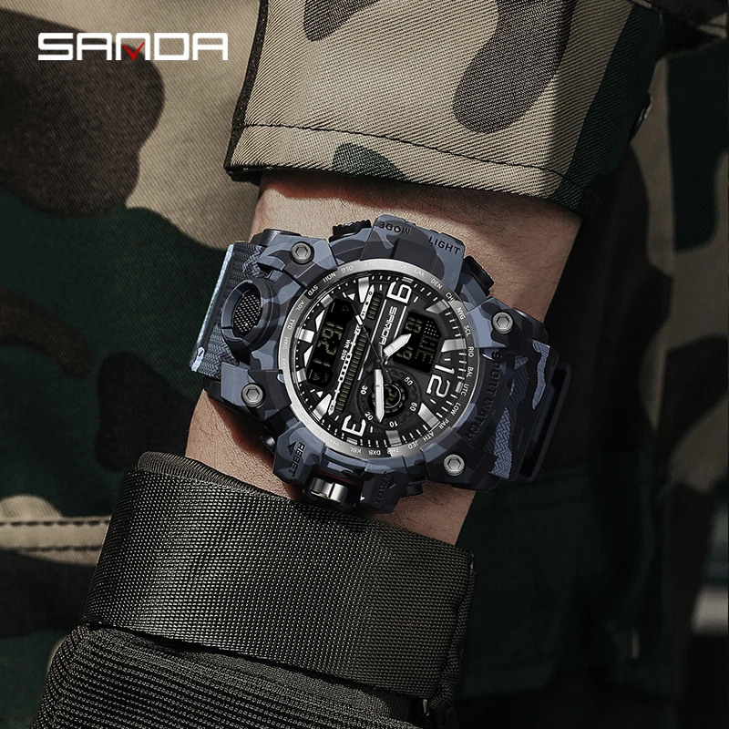 SANDA Men Sports LED Digital Watches Dual Display Analog Quartz Wristwatches Waterproof Camouflage Military Army Timing Watch