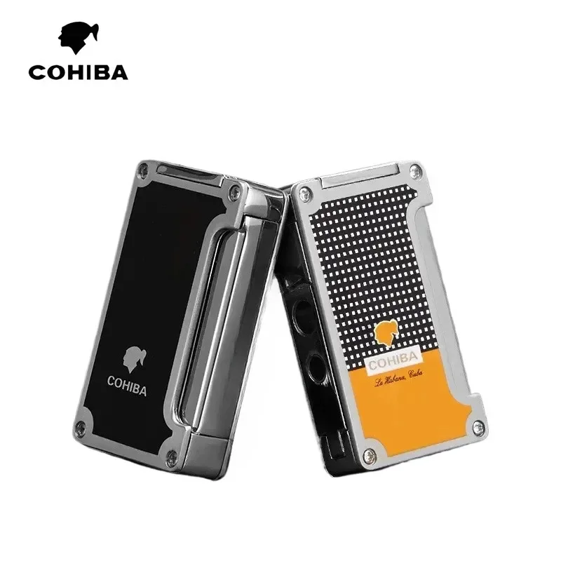 New COHIBA Cigar Lighter Metal Single Straight Charge Portable Blue Flame Windproof Lighter with Cigar Opener Tool（No Gas）