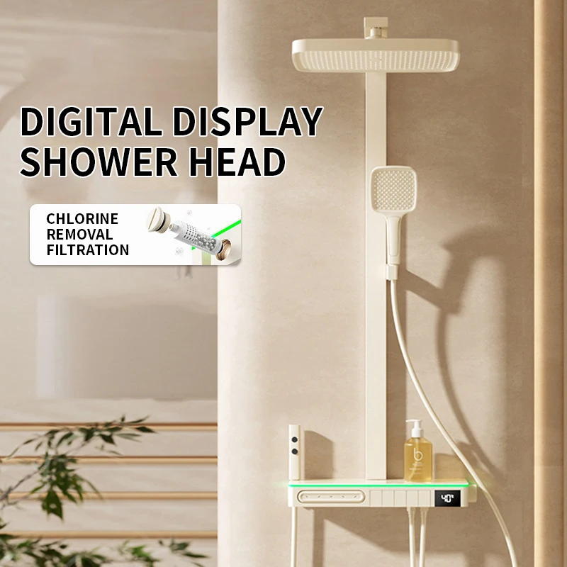 

White Constant Temperature Digital Display Shower Set Bathroom Removed Chlorine Atmosphere Lamp Shower System Faucet Set