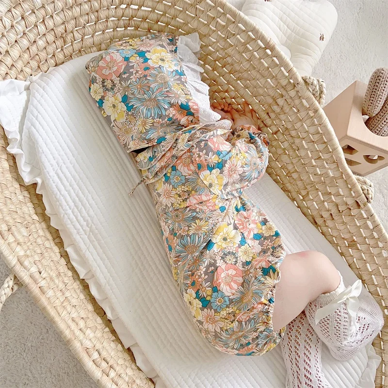 Cute Newborn Baby Girl Floral Romper Long Sleeve Layered Collar Princess Body Suit With Hat 2PCS Outfit Autumn Clothes For 0-24M