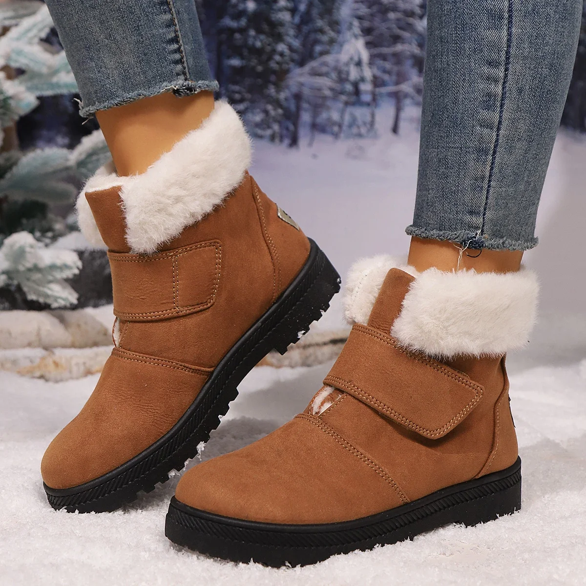 

Pop 2024 New Winter Solid Color Suede Round Toe Plush Warm Women Snow Boots Comfortable Chunky Women'S Boots Size 35-44