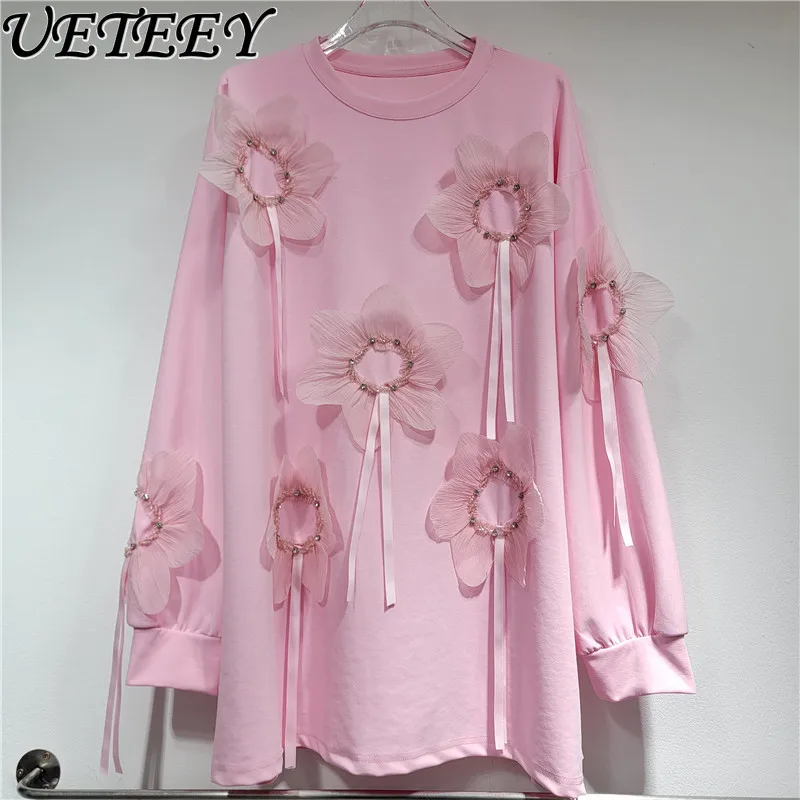 

Round Neck Medium and Long T-shirt Dress Autumn New Fashion Three-dimensional Flower Bead Loose Oversize Pullover Dresses