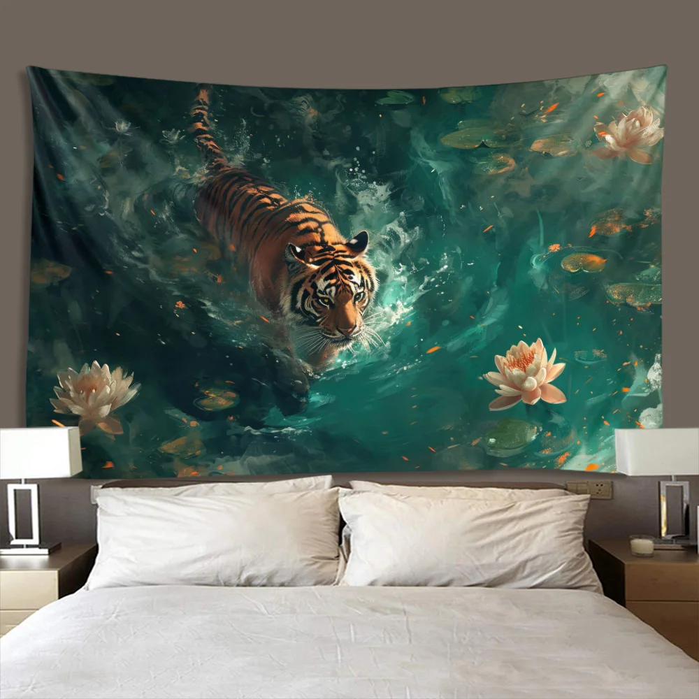 Lotus Pond Tiger Extra Large Wall Tapestry Luminous Flower Design Luxurious Bedroom Decorative Art Background Hanging Cloth