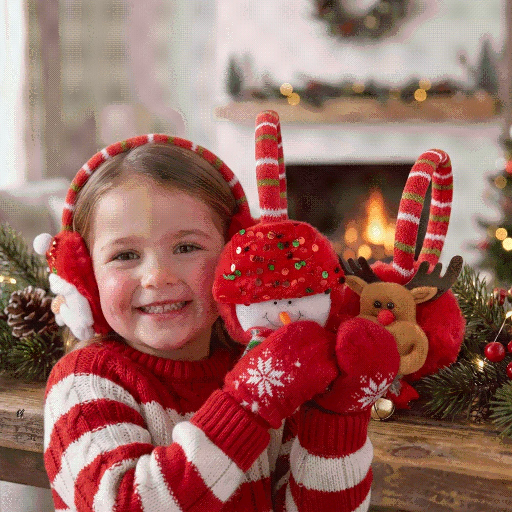 Soft Fabric Christmas Earmuff Sequin Detail Thick Padding Cartoon Santa Headband Festive Design Elastic Band