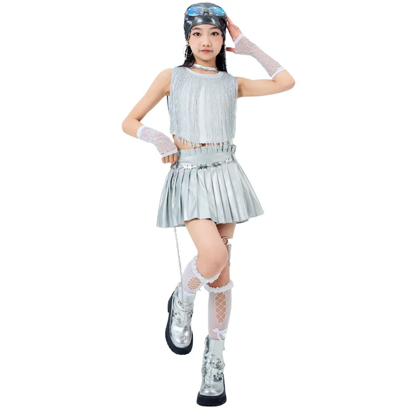 Mädchen K-pop Sets Weiß Quasten Crop Top Street Dance Kinder Hip Hop Jazz Silber Röcke Kleidung Kinder Streetwear kostüm