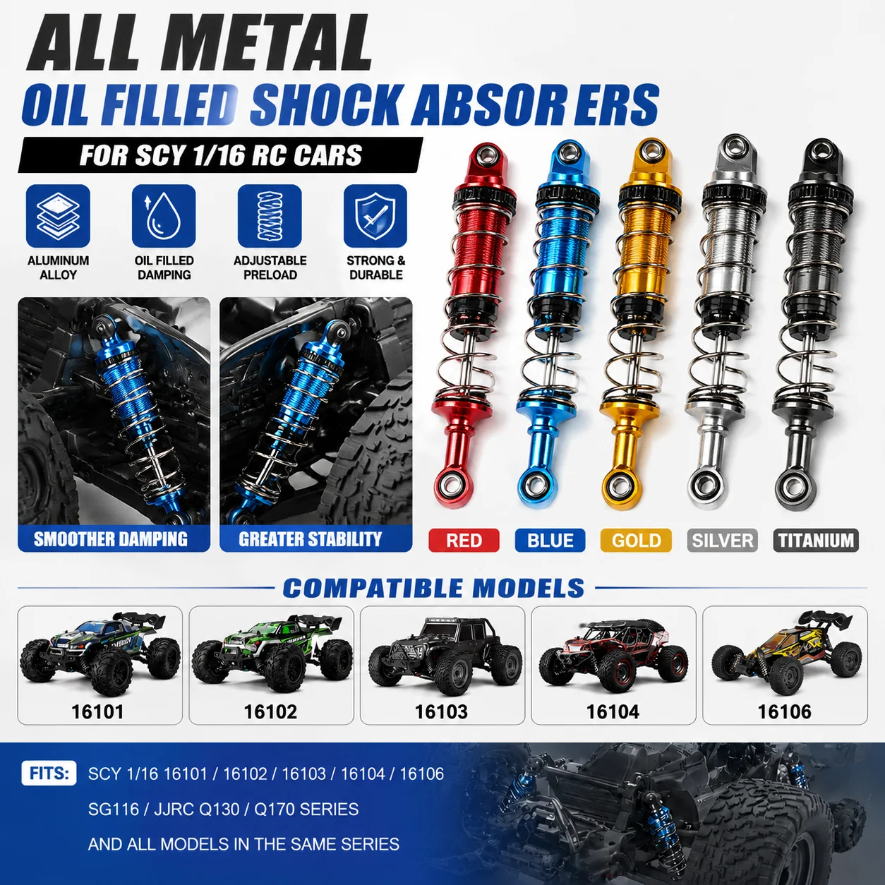 

RC Car 4pcs Metal Oil Shock Absorber Damper for SCY 16101 16102 16103 16104 SG116 Q130 170 1/16 RC Car Upgrade Parts Accessories