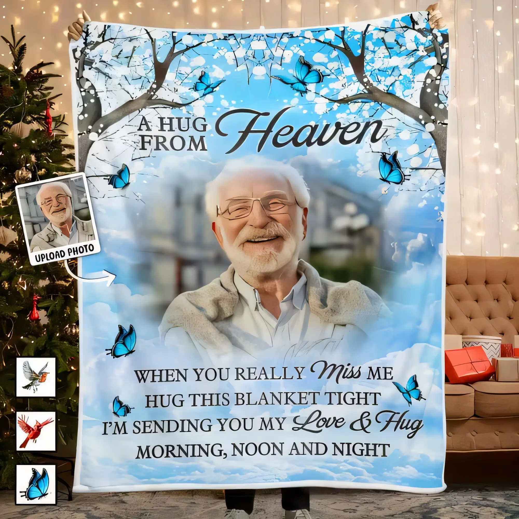 A HUG FROM Heaven Sky Blue Blanket with White Clouds and Blossoming Branches, Personalized Photo Option, Warm & Cozy Gift for Mi
