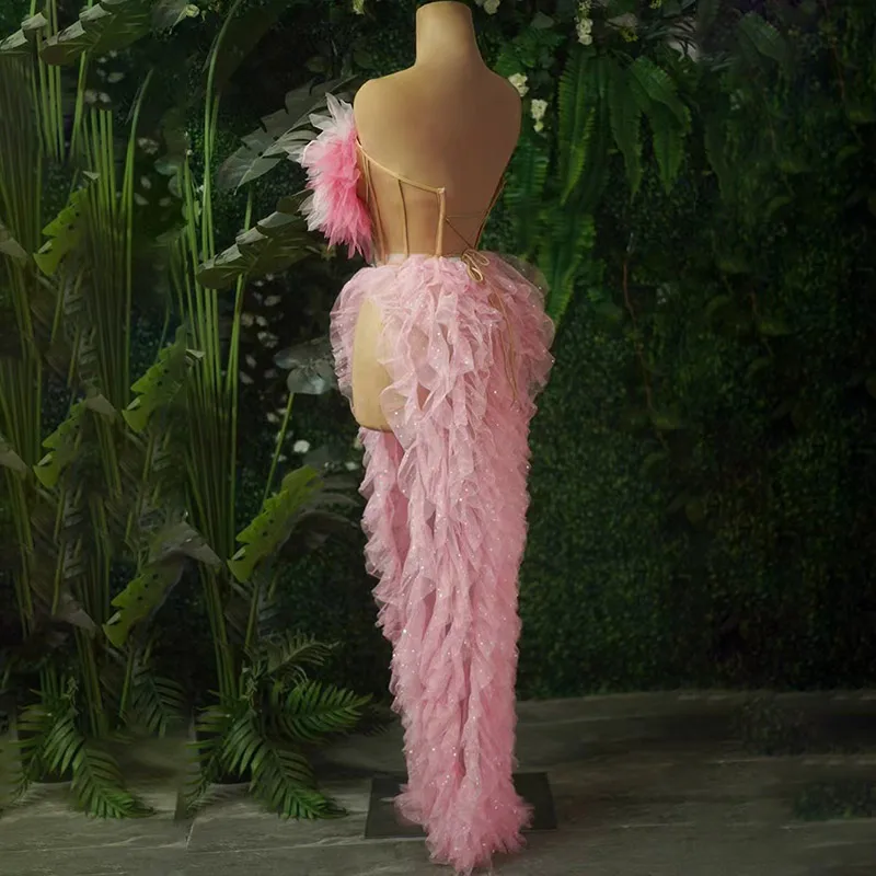 مثير الوردي شبكة 2 قطعة مجموعة أنيقة الدانتيل الترتر تنورة حفلة موسيقية بلا أكمام فستان الملكة المغني الرقص مرحلة العرض ازياء ملهى ليلي