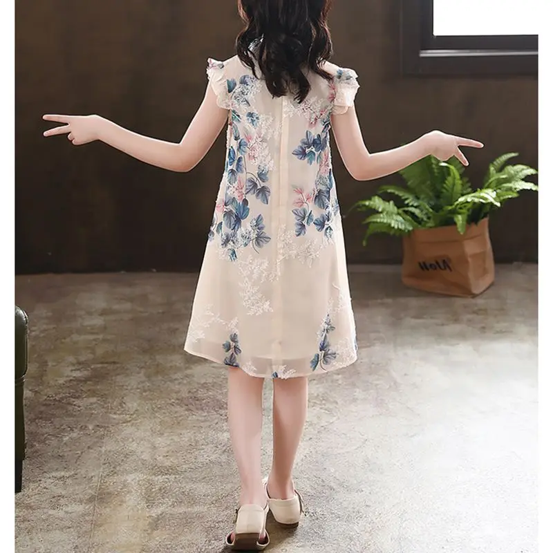 Summer Girls Princess Hanfu Dress Kids Clothes Children Daily Party Traditional Chinese Floral Print Cheongsam Dresses