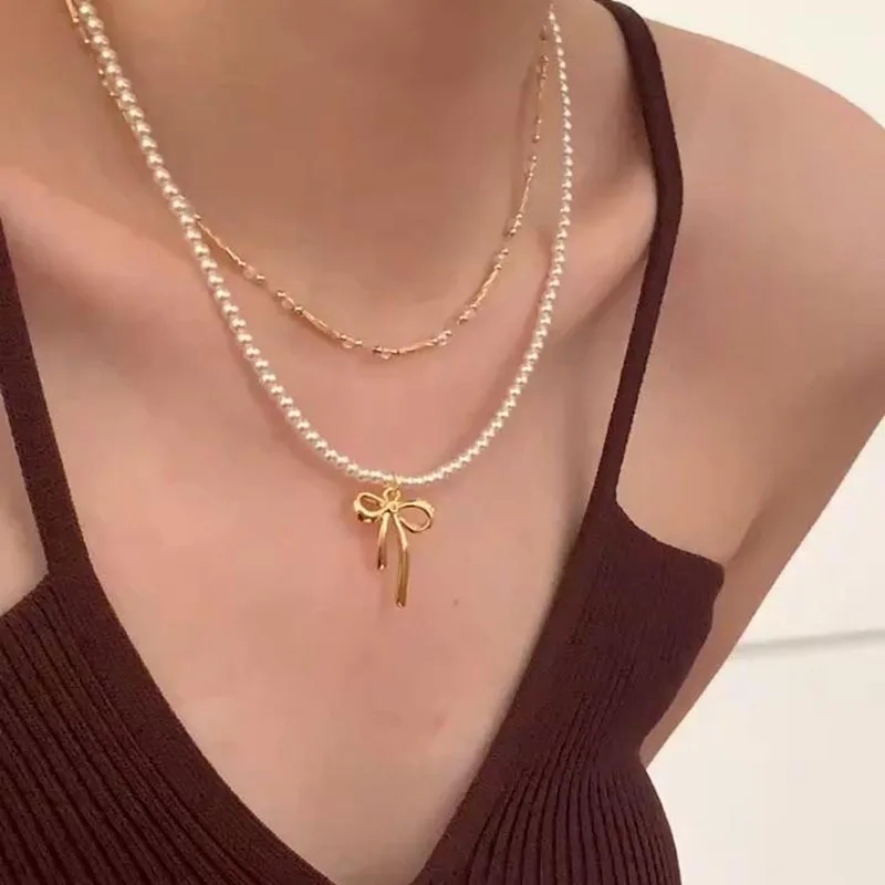 

Pearl beaded Bowknot pendant necklaces for women cute elegant necklaces for girls mother day gift vintage new in 2024 accessory