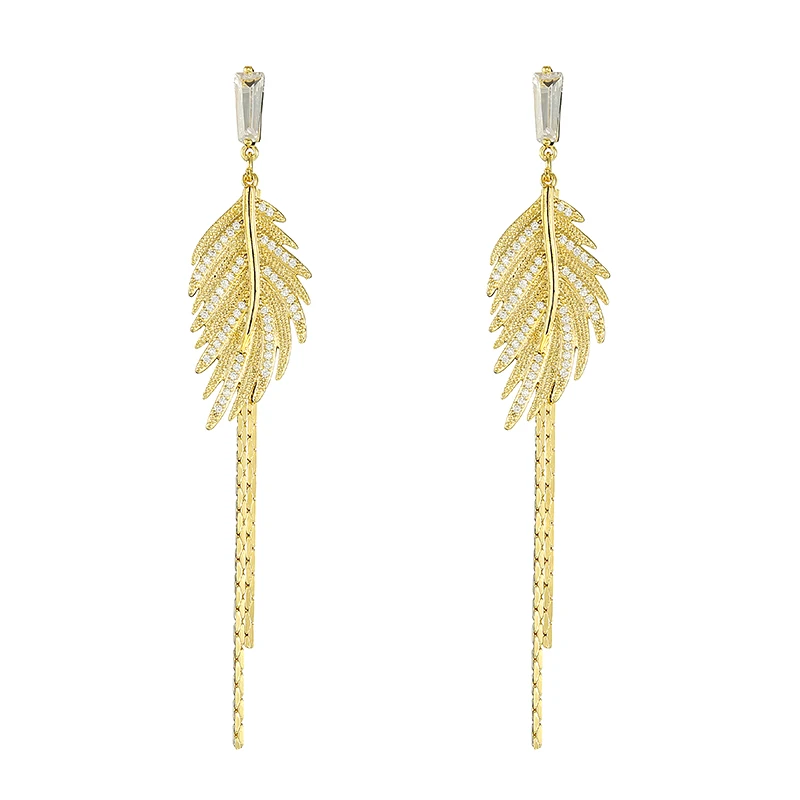 Luxury 14K Real Gold Plated Leaves Tassel Stud Earrings for Women 2022 Trending Cubic Zircon Wedding Jewelry free shipping