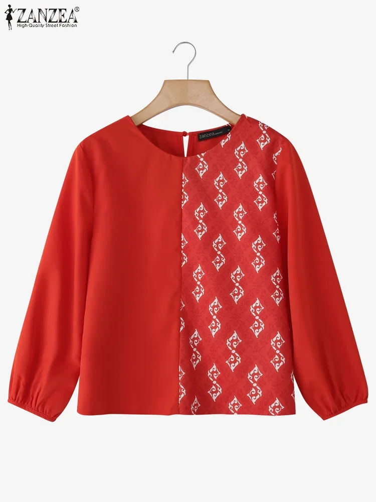 Women Pactwork Tops Casual Loose Autumn Blouse Fashion Three Quarter Sleeve Tunic O Neck Pullover Oversized Blusas 2025 ZANZEA