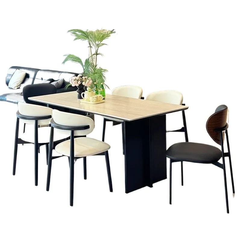 

Solid wood rock slab cave stone dining table, aluminum alloy black living room household small apartment modern simple dining