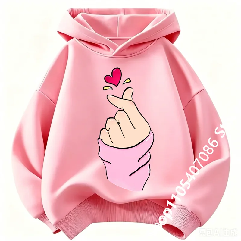 Kids Finger Heart Graphic Hoodie, Girls Cute Love Hand Print Pullover Hooded Sweatshirt Casual Long Sleeve Tops
